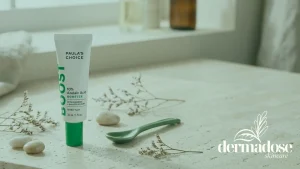 Paula's Choice 10% Azelaic Acid Booster sobre superficie de mármol con piedras, cuchara verde y flores secas, ilustrando el ácido azeláico y qué no combinar con él