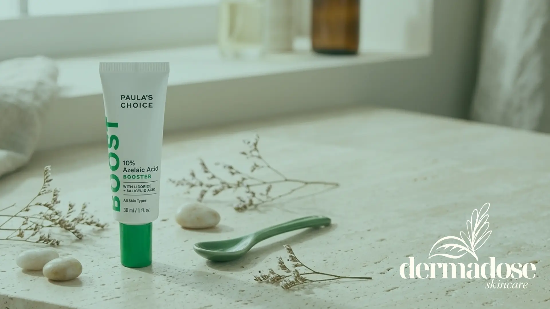 Paula's Choice 10% Azelaic Acid Booster sobre superficie de mármol con piedras, cuchara verde y flores secas, ilustrando el ácido azeláico y qué no combinar con él