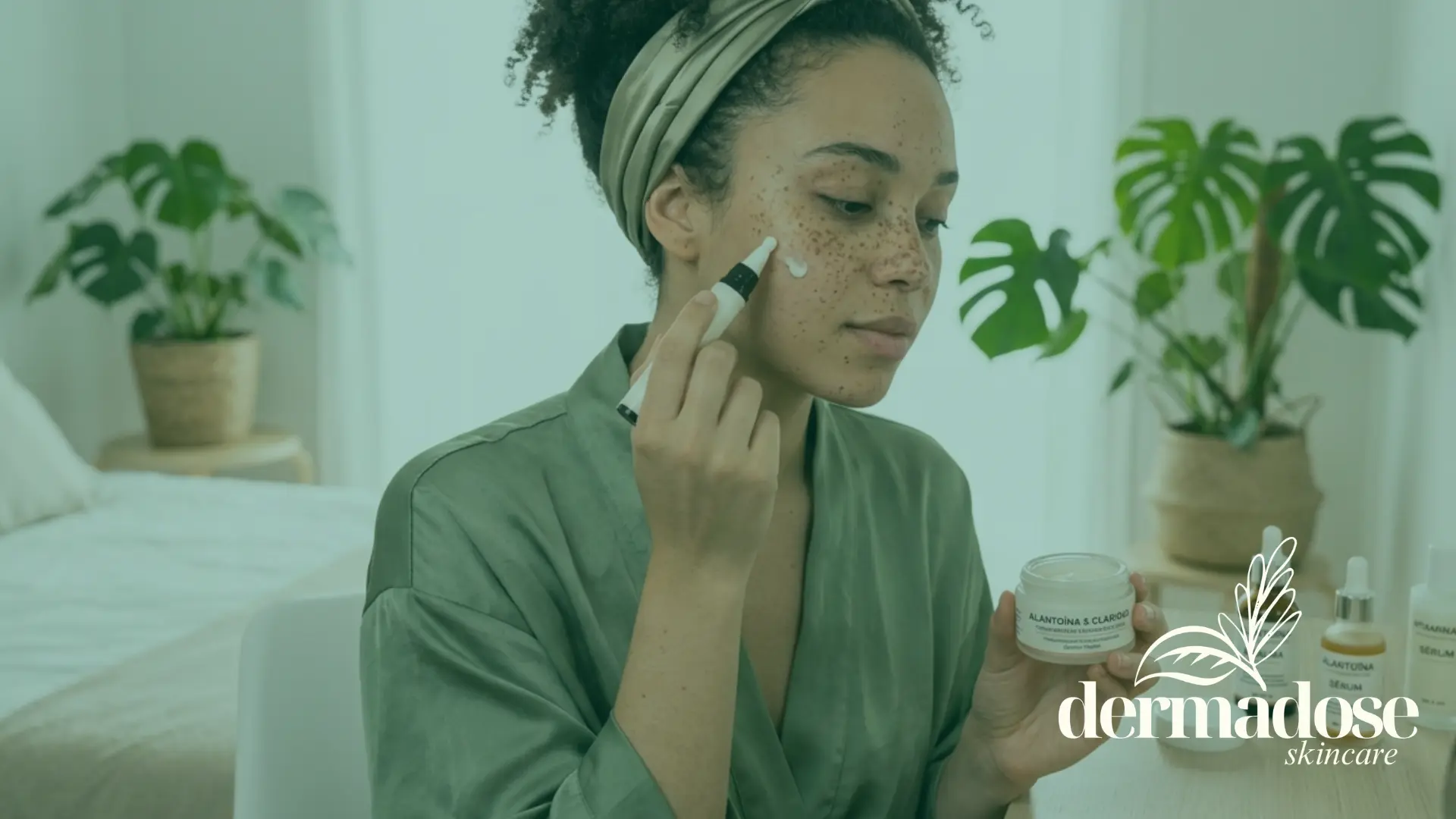 Mujer con manchas oscuras en la piel aplicando crema de alantoína con sérum frente al espejo para tratamiento de hiperpigmentación