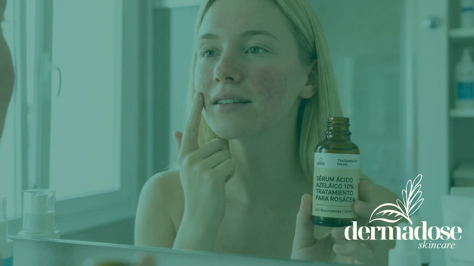 Mujer tratando su piel con enrojecimiento facial característico de la rosácea con sérum de ácido azeláico.
