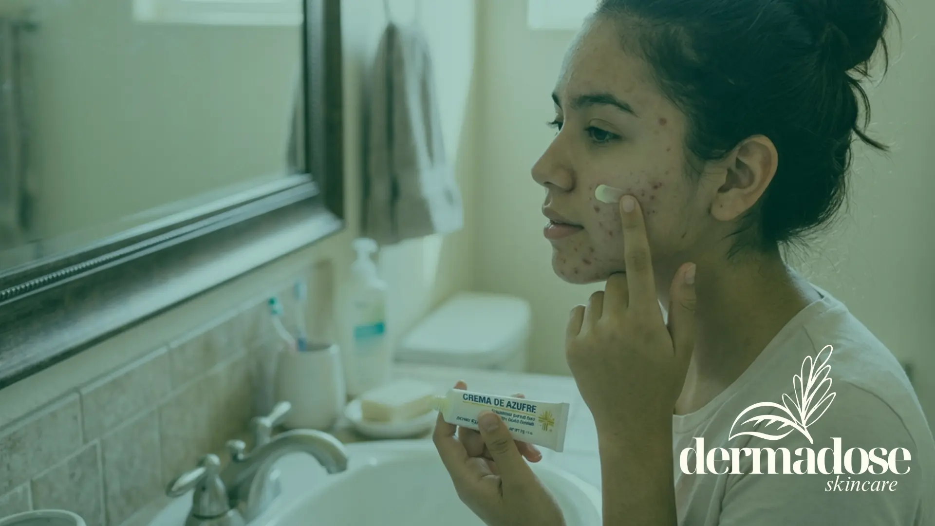 Chica joven con acné aplicando crema de azufre en la mejilla frente al espejo del baño