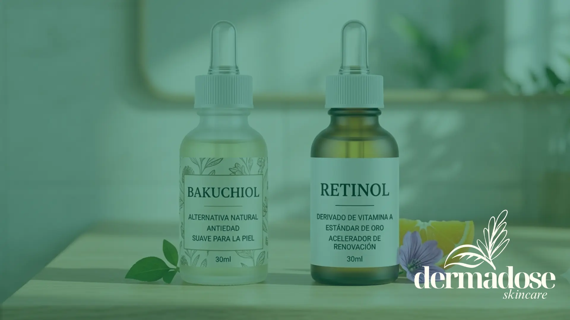 Comparativa de dos sérums: bakuchiol como alternativa natural antiedad y retinol derivado de vitamina A estándar de oro, ambos de 30ml