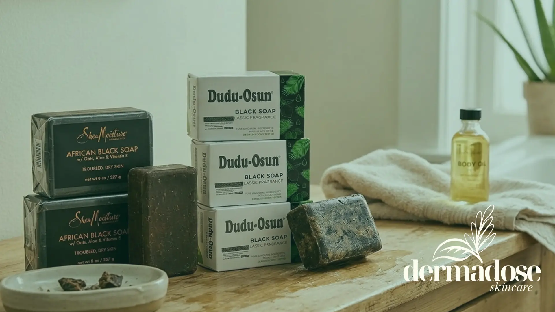 Comparativa SheaMoisture African Black Soap y Dudu-Osun Black Soap junto a pastilla de jabón negro africano sin envasar sobre superficie de madera