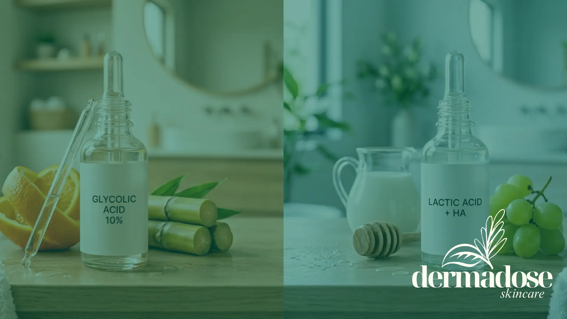 Comparativa de sérum de ácido glicólico 10% con naranja y caña de azúcar frente a sérum de ácido láctico con leche y uvas en entorno de baño