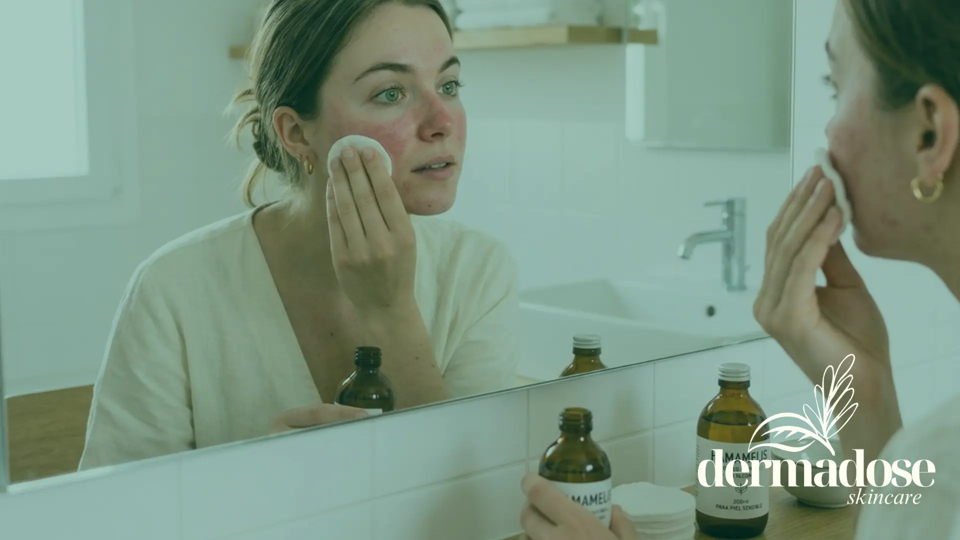 Mujer con rosácea aplicando tónico de hamamelis con algodón en la mejilla frente al espejo del baño