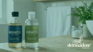 Comparativa de dos botellas de tónico de hamamelis: versión con alcohol y versión sin alcohol para pieles sensibles