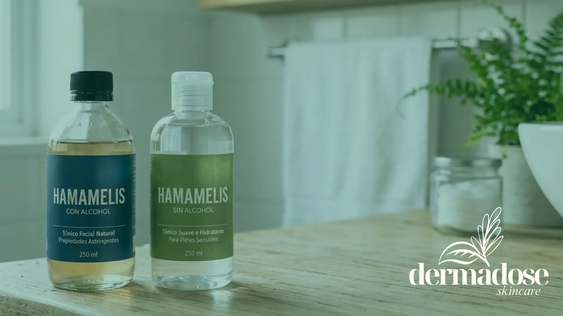 Comparativa de dos botellas de tónico de hamamelis: versión con alcohol y versión sin alcohol para pieles sensibles