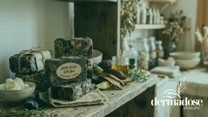 Jabón negro africano artesanal hecho a mano junto a manteca de karité, aceite y cacao sobre superficie de madera rústica