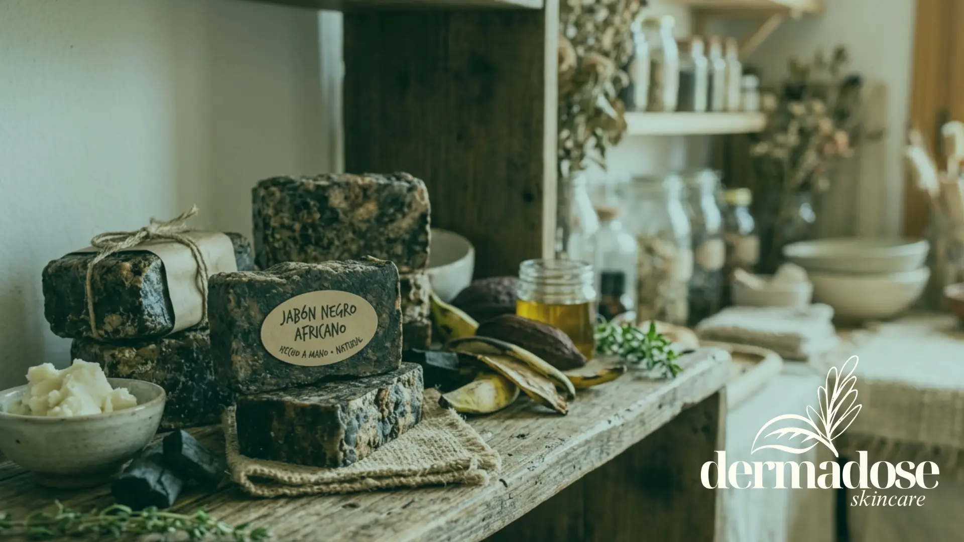 Jabón negro africano artesanal hecho a mano junto a manteca de karité, aceite y cacao sobre superficie de madera rústica