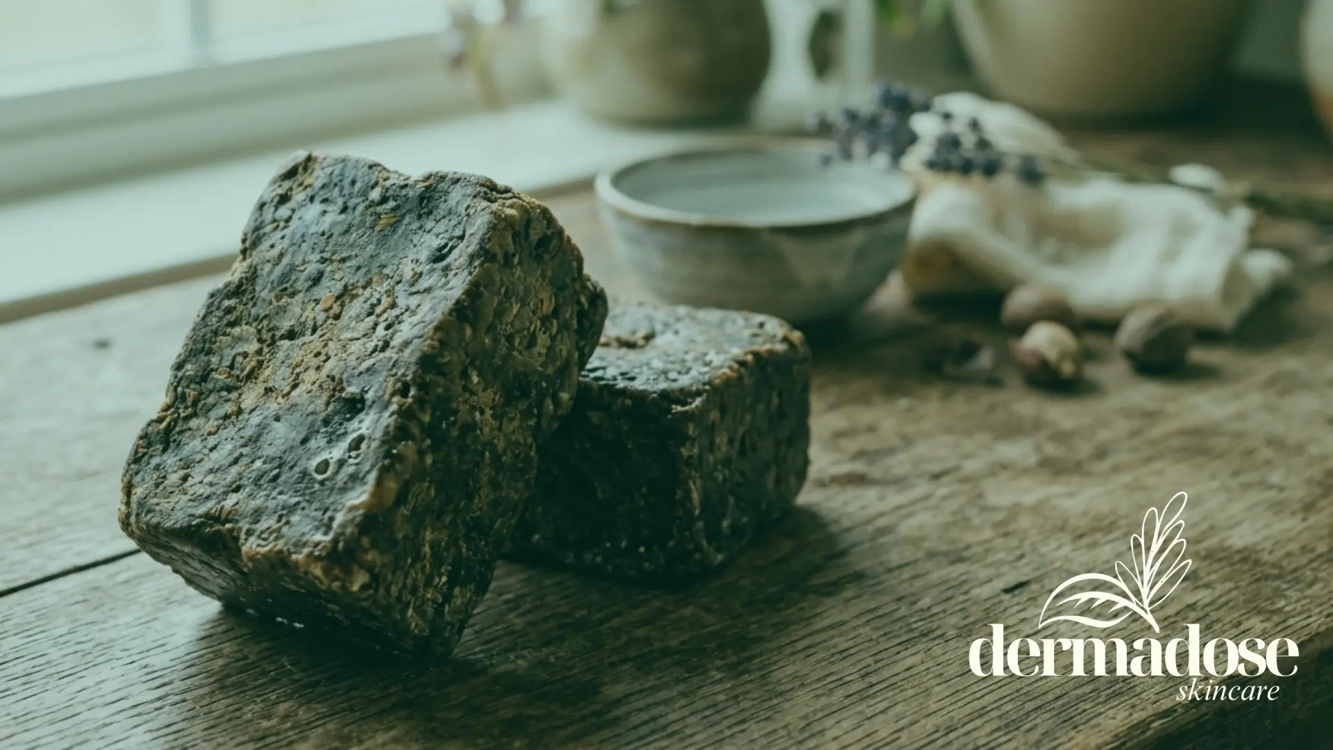 Dos pastillas de jabón negro africano artesanal sobre superficie de madera rústica con lavanda y nueces de karité al fondo