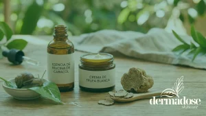 Esencia de mucina de caracol y crema de trufa blanca junto a caracol vivo y trufa blanca fresca sobre superficie de madera