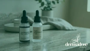 Sérum de niacinamida 10% con zinc y sérum de alfa arbutina 2% sobre encimera de mármol para tratamiento combinado de manchas