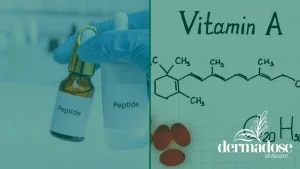 Comparativa visual entre frascos de péptidos y estructura química de vitamina A para ilustrar retinol vs péptidos antiedad