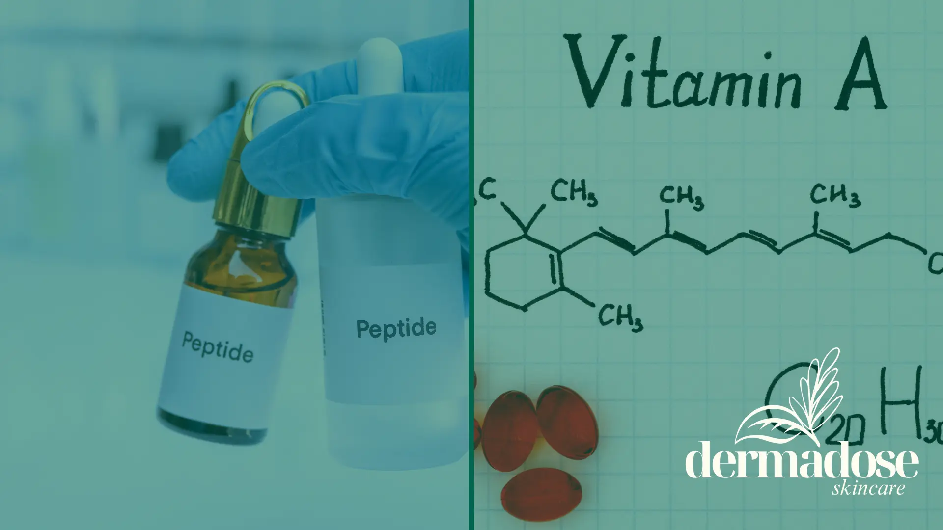 Comparativa visual entre frascos de péptidos y estructura química de vitamina A para ilustrar retinol vs péptidos antiedad