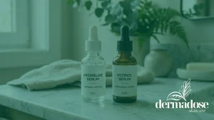 Comparativa de sérum de argirelina antiedad péptido y sérum de retinol 0,5% renovación nocturna sobre encimera de mármol