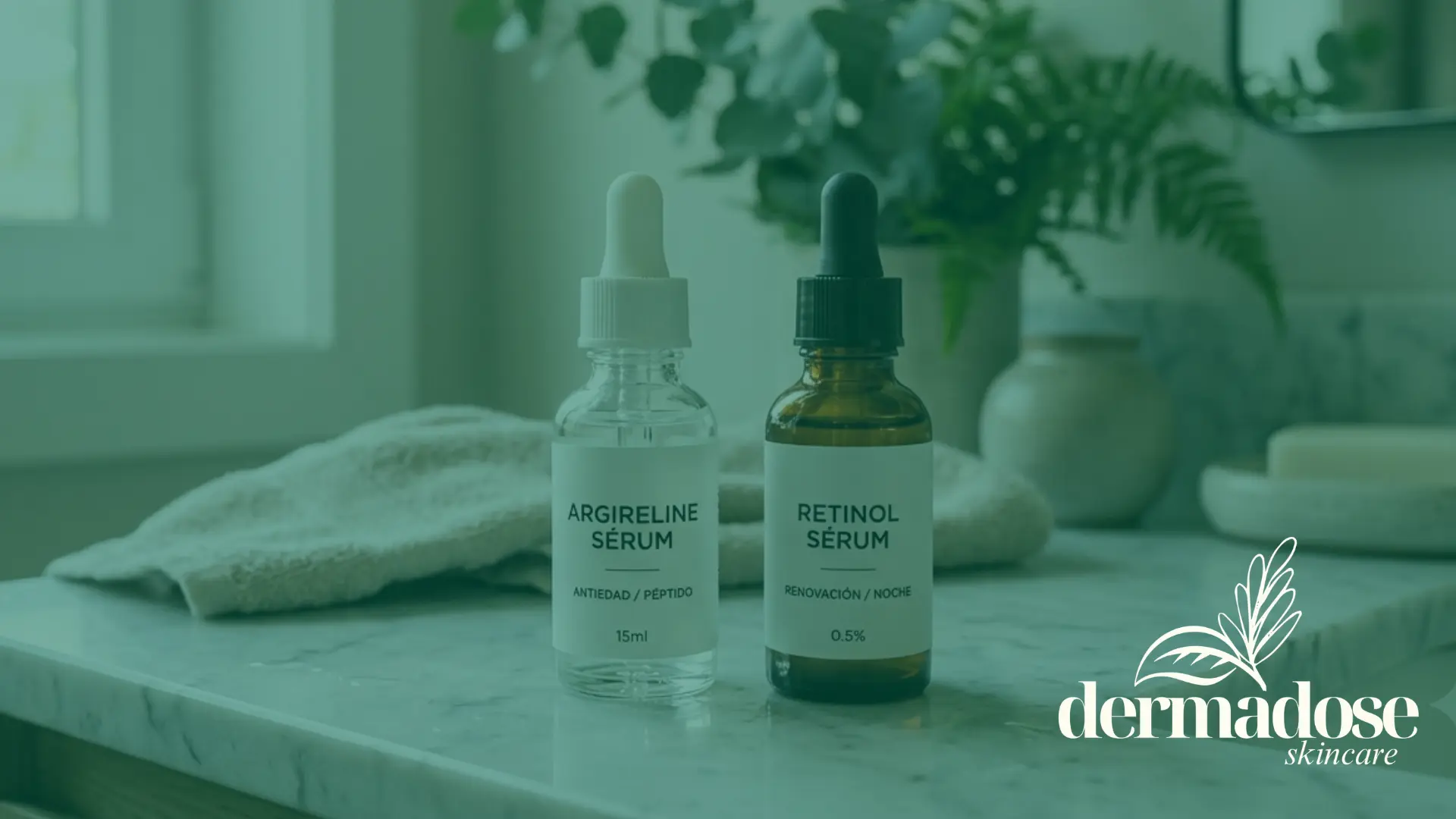 Comparativa de sérum de argirelina antiedad péptido y sérum de retinol 0,5% renovación nocturna sobre encimera de mármol