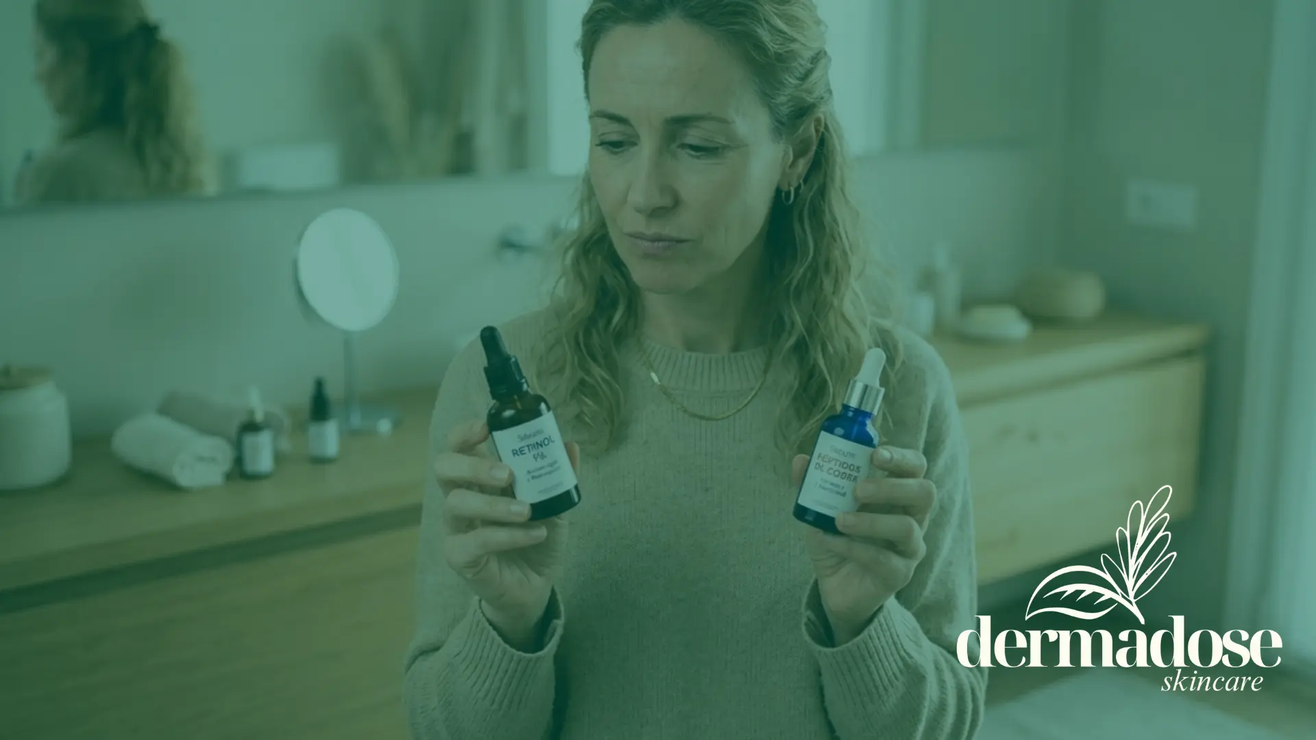 Mujer comparando sérum de retinol y sérum de péptidos de cobre en el baño para elegir su rutina antiedad