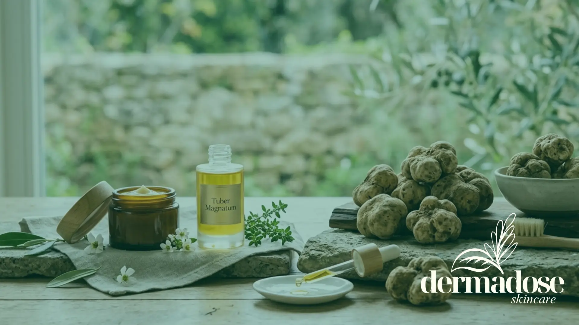 Trufas blancas Tuber Magnatum junto a sérum y crema de skincare con extracto de trufa blanca sobre superficie de piedra en jardín