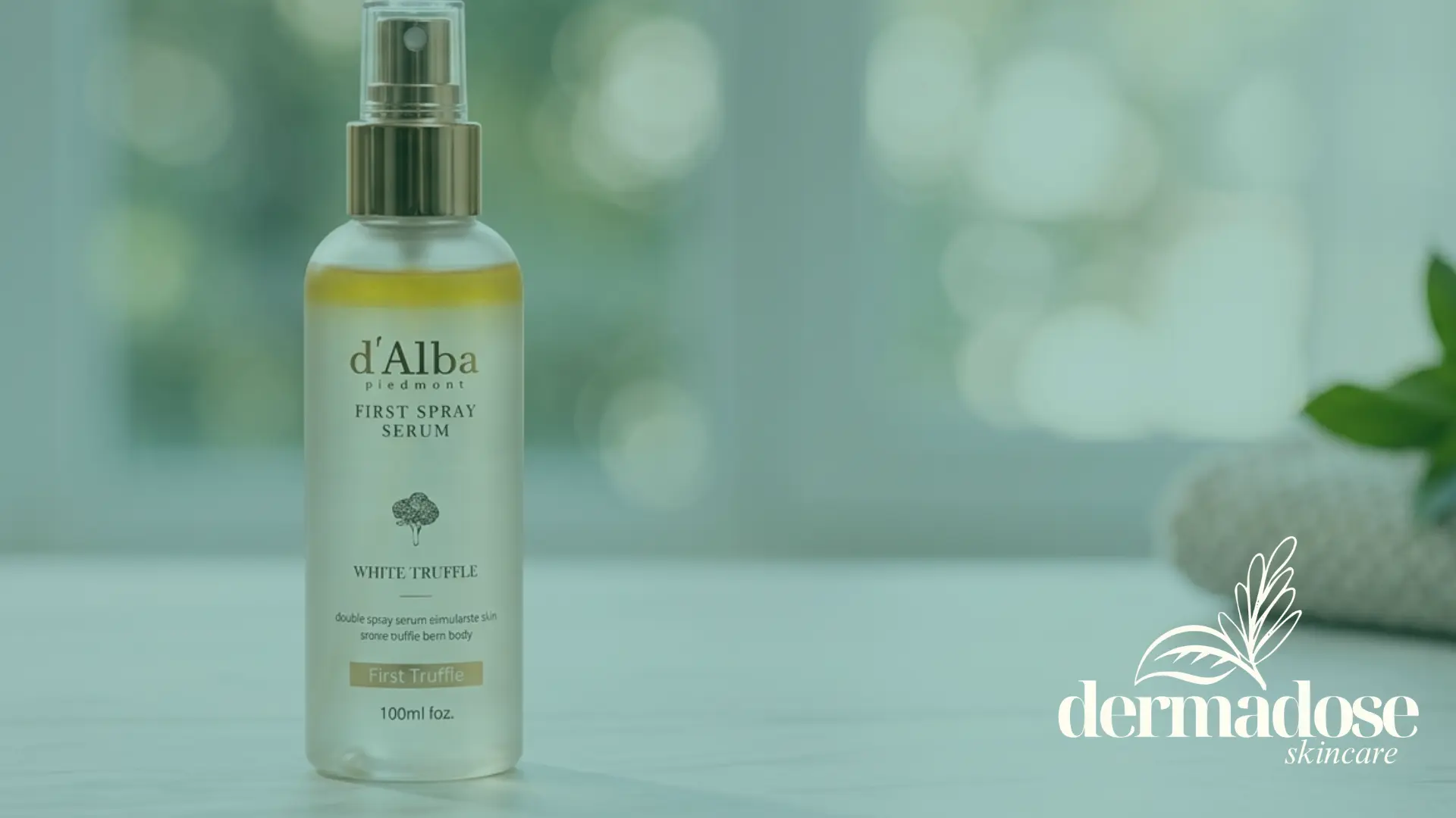 d'Alba Piedmont First Spray Serum White Truffle 100ml sobre superficie blanca con fondo bokeh azul verdoso