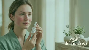 Mujer con enrojecimiento de rosácea en las mejillas sosteniendo el sérum The Ordinary Hyaluronic Acid 2% + B5 frente a plantas y ambiente calmante, ilustrando el ácido hialurónico para la rosácea