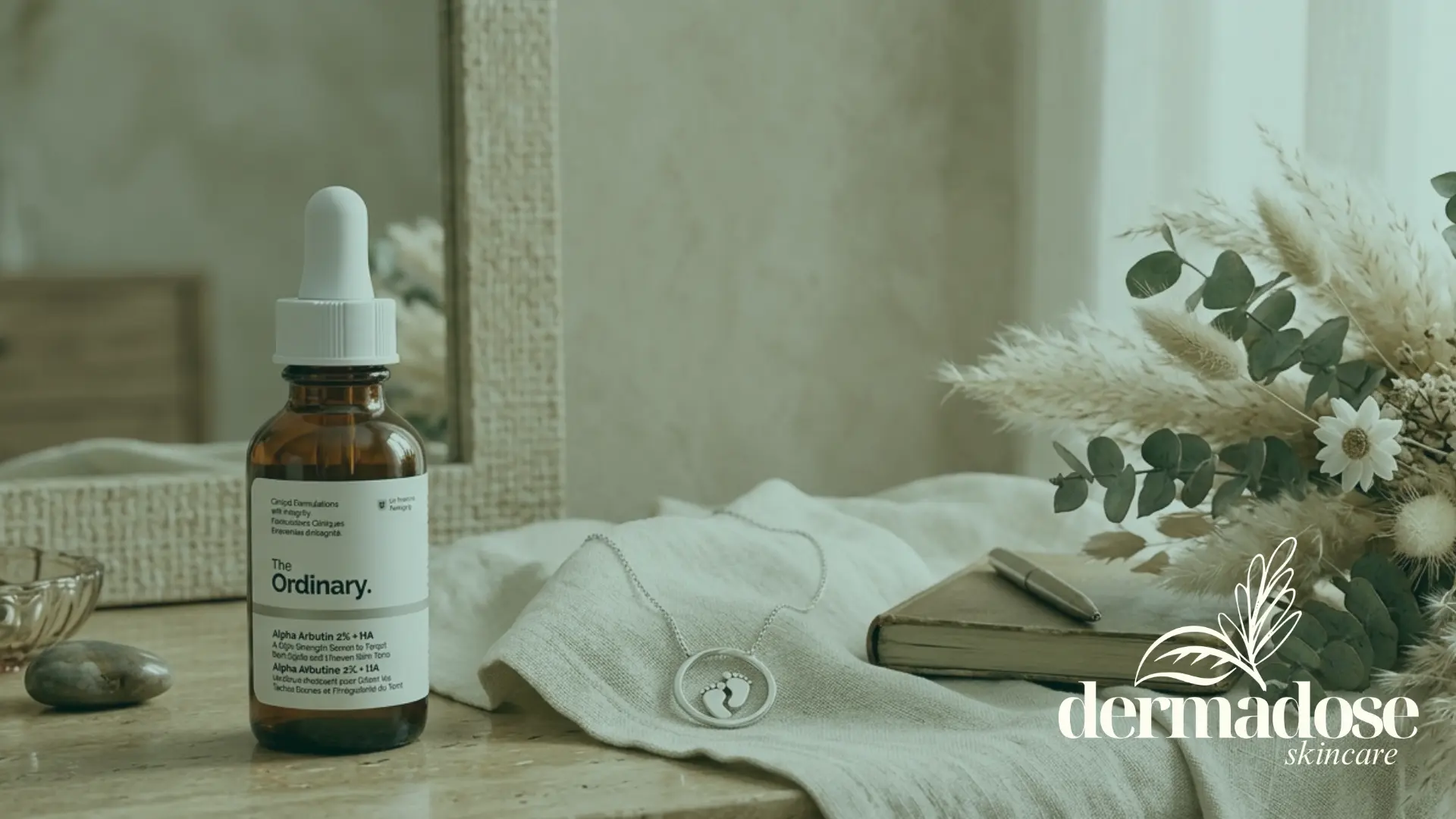 The Ordinary Alpha Arbutin 2% + HA sobre mesa de mármol con colgante de huellas de bebé y flores secas, contexto de alfa arbutina en el embarazo