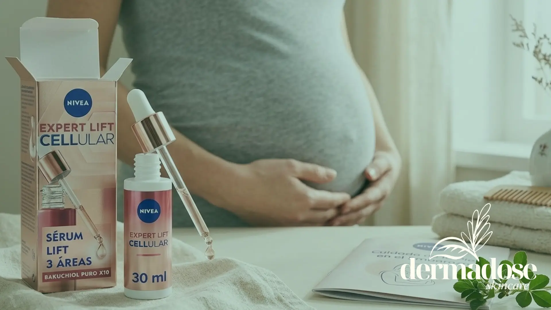 NIVEA Expert Lift Cellular sérum con bakuchiol puro x10 sobre mesa con embarazada al fondo sujetando su barriga, ilustrando el uso de bakuchiol en el embarazo