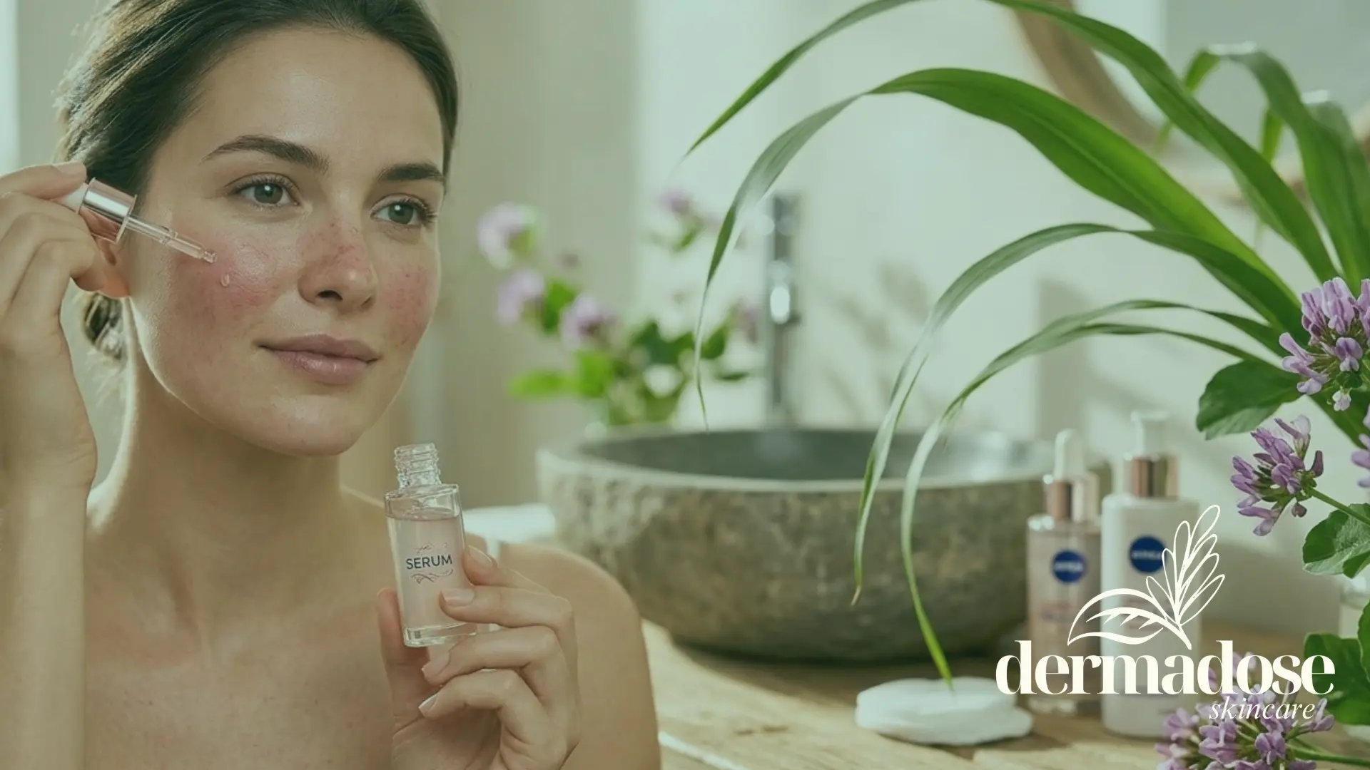 Mujer con enrojecimiento de rosácea aplicándose sérum con cuentagotas en la mejilla junto a productos NIVEA Bakuchiol y plantas naturales, ilustrando el bakuchiol como alternativa al retinol en rosácea