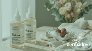 The Ordinary Glycolic Acid 7% Exfoliating Toner sobre mesa con ropa de bebé y flores secas, contexto de ácido glicólico en el embarazo