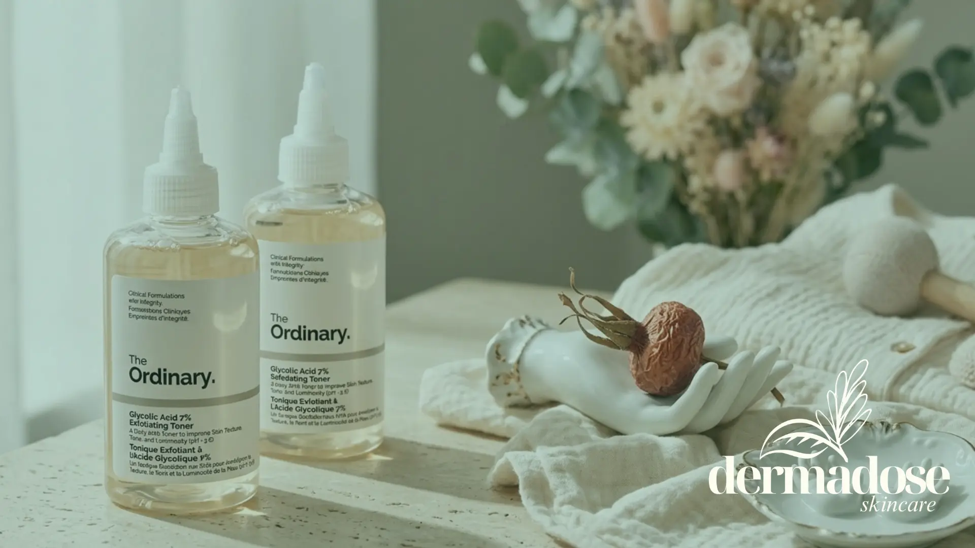 The Ordinary Glycolic Acid 7% Exfoliating Toner sobre mesa con ropa de bebé y flores secas, contexto de ácido glicólico en el embarazo