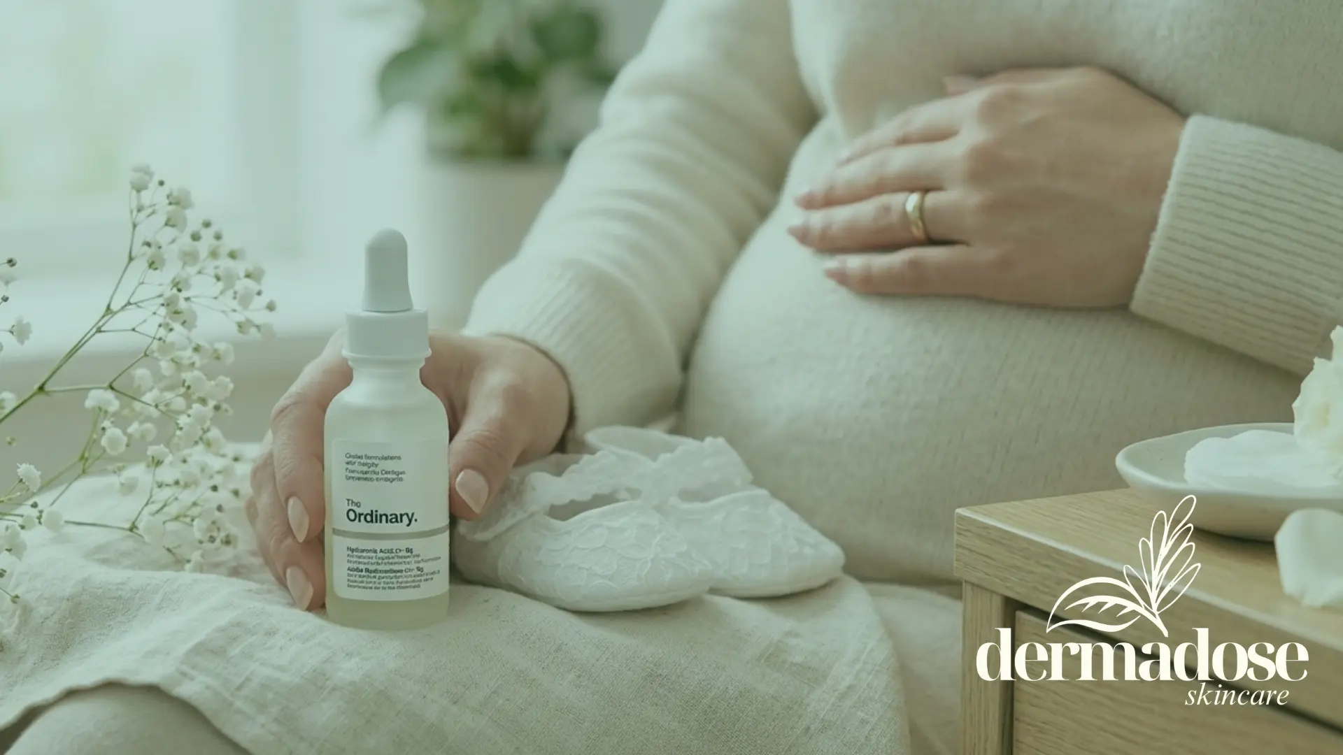 Mujer embarazada sosteniendo el sérum The Ordinary Hyaluronic Acid 2% + B5 junto a zapatitos de bebé blancos, ilustrando la seguridad del ácido hialurónico en el embarazo