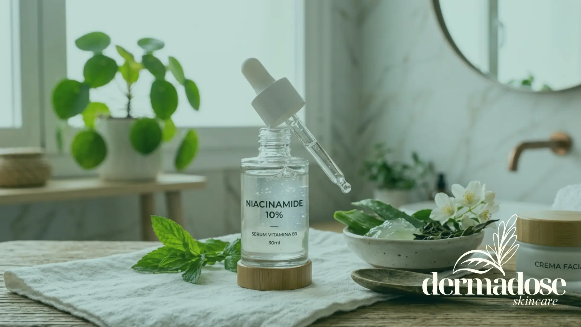 Sérum de niacinamida 10% vitamina B3 frasco transparente con gotero sobre superficie de madera con plantas y flores blancas en baño