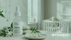 Sérum The Ordinary Niacinamide 10% + Zinc 1% sobre mesa de lino con flores blancas y cuna de bebé al fondo, representando el uso de niacinamida en el embarazo