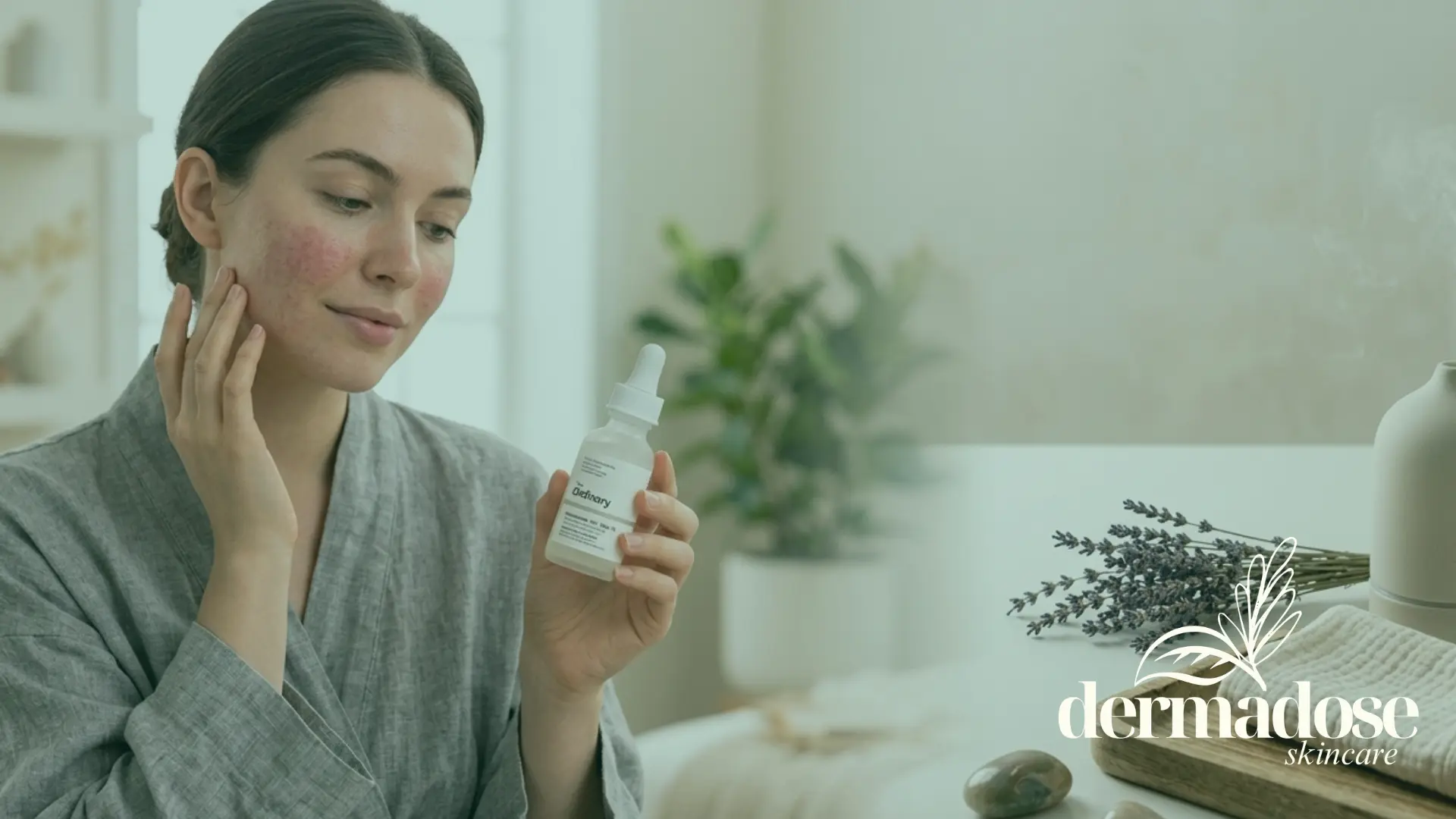 Mujer con enrojecimiento de rosácea en las mejillas sosteniendo un sérum The Ordinary Niacinamide 10% + Zinc 1% junto a lavanda, ilustrando el uso de niacinamida para la rosácea