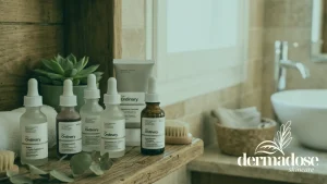 Colección de productos The Ordinary incluyendo sérums de péptidos, ácido salicílico, niacinamida y multi-péptidos sobre estantería de madera rústica en baño