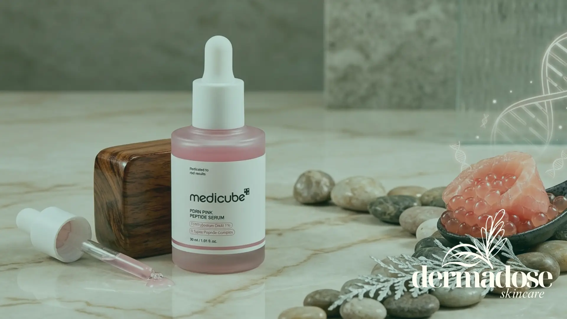 Medicube PDRN Pink Peptide Serum frasco rosado sobre mármol con hélice de ADN, huevas de salmón y piedras, representando el ADN de salmón del ingrediente PDRN