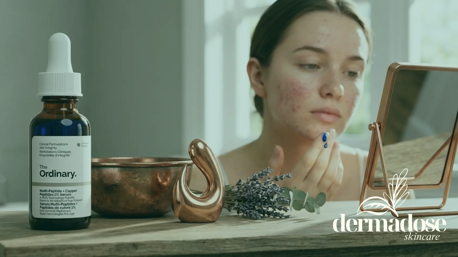 The Ordinary Multi-Peptide + Copper Peptides 2% junto a cuenco de cobre y lavanda, con mujer examinando su piel con rosácea en espejo al fondo, ilustrando los péptidos de cobre para la rosácea