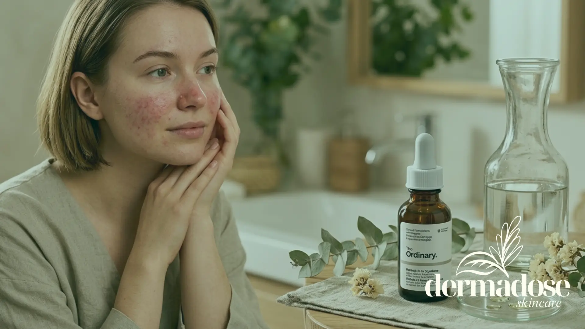 Mujer con enrojecimiento y pápulas de rosácea en las mejillas mirando al frente junto a un sérum The Ordinary Retinol en escualano, ilustrando la relación entre retinol y rosácea