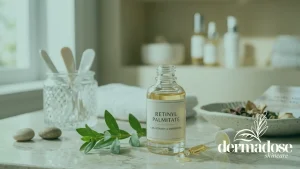 Frasco de sérum con retinyl palmitate 1.0% vitamina A sobre superficie de mármol con plantas verdes y accesorios de baño