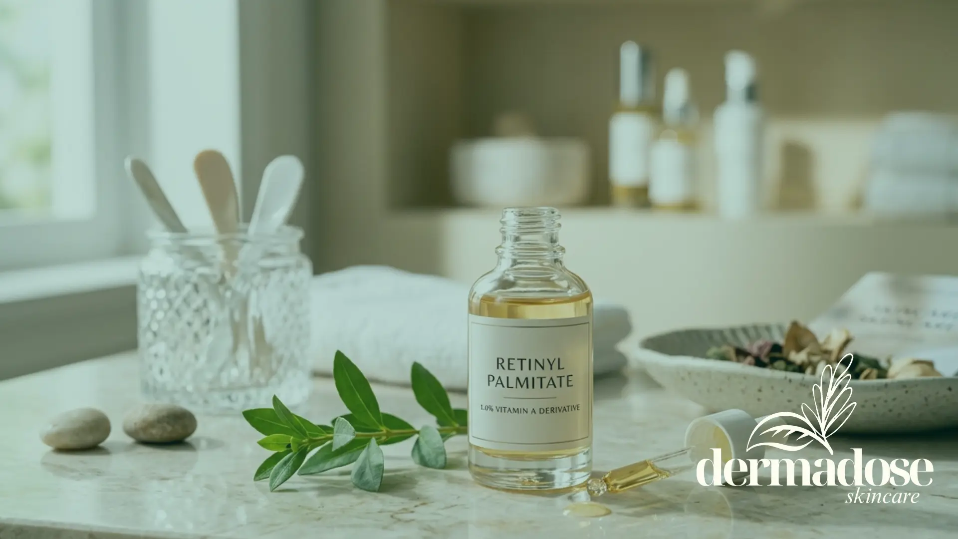 Frasco de sérum con retinyl palmitate 1.0% vitamina A sobre superficie de mármol con plantas verdes y accesorios de baño