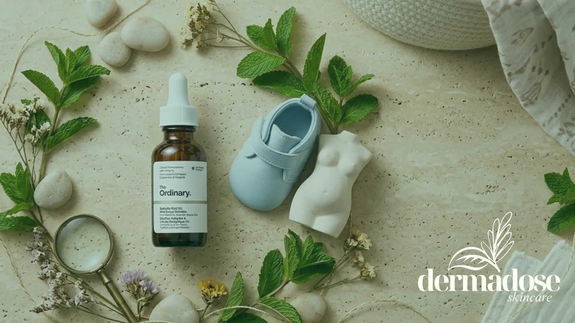 Sérum The Ordinary sobre superficie de piedra con zapatito de bebé azul, lupa y hierbas naturales, ilustrando el análisis del ácido salicílico en el embarazo
