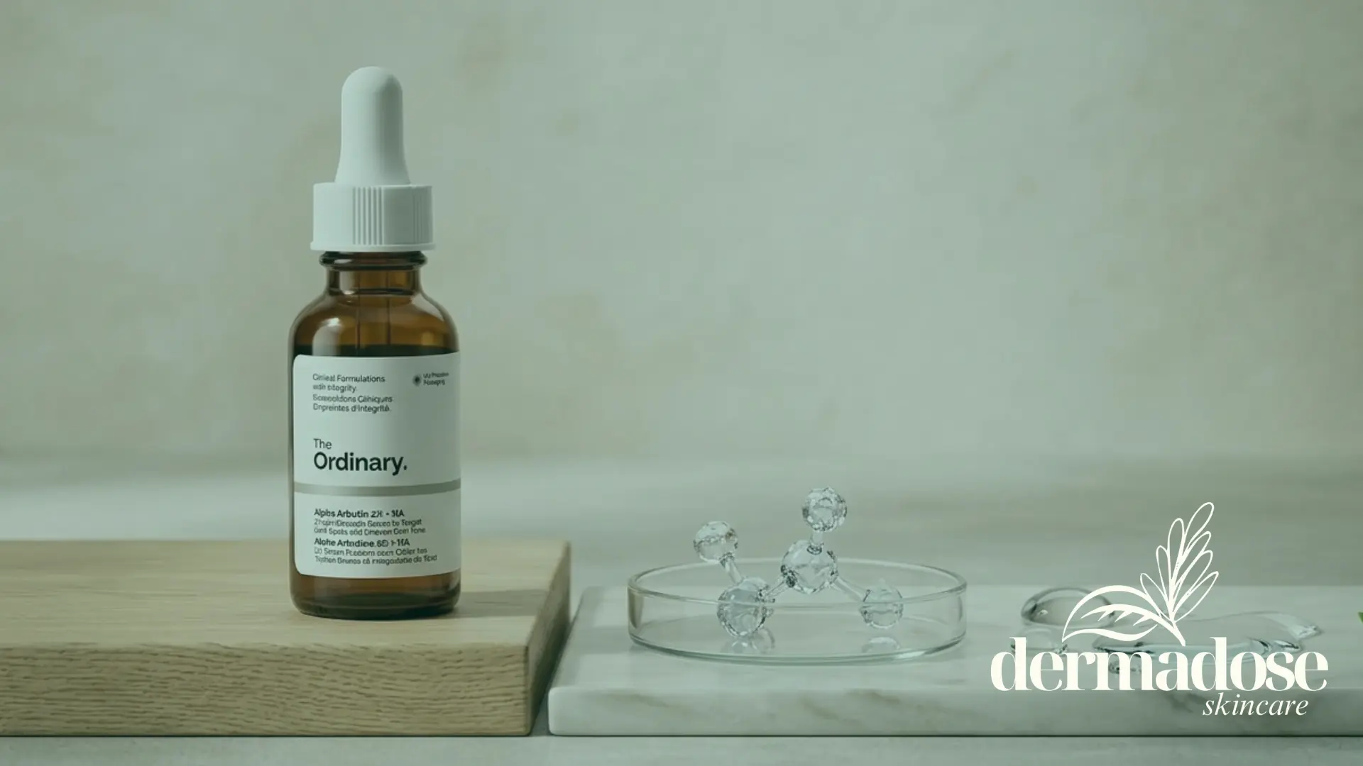The Ordinary Alpha Arbutin 2% + HA frasco ámbar sobre superficie de madera y mármol con modelo molecular de cristal