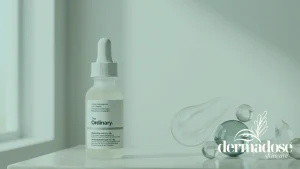 The Ordinary Hyaluronic Acid 2% + B5 frasco transparente con gotero sobre superficie de mármol con gotas de sérum y esferas de cristal