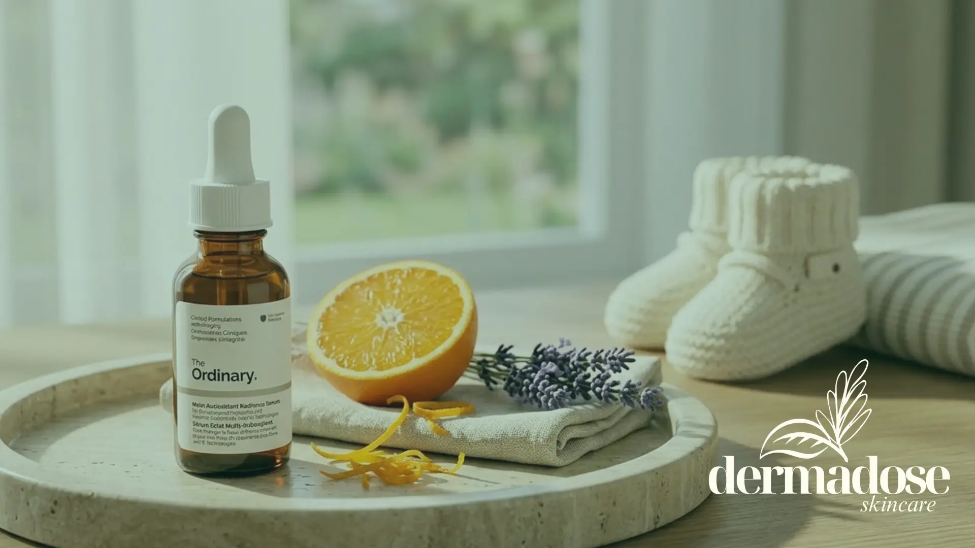 The Ordinary Multi-Antioxidant Radiance Serum junto a una naranja cortada y zapatitos de bebé blancos, ilustrando el uso de vitamina C en el embarazo