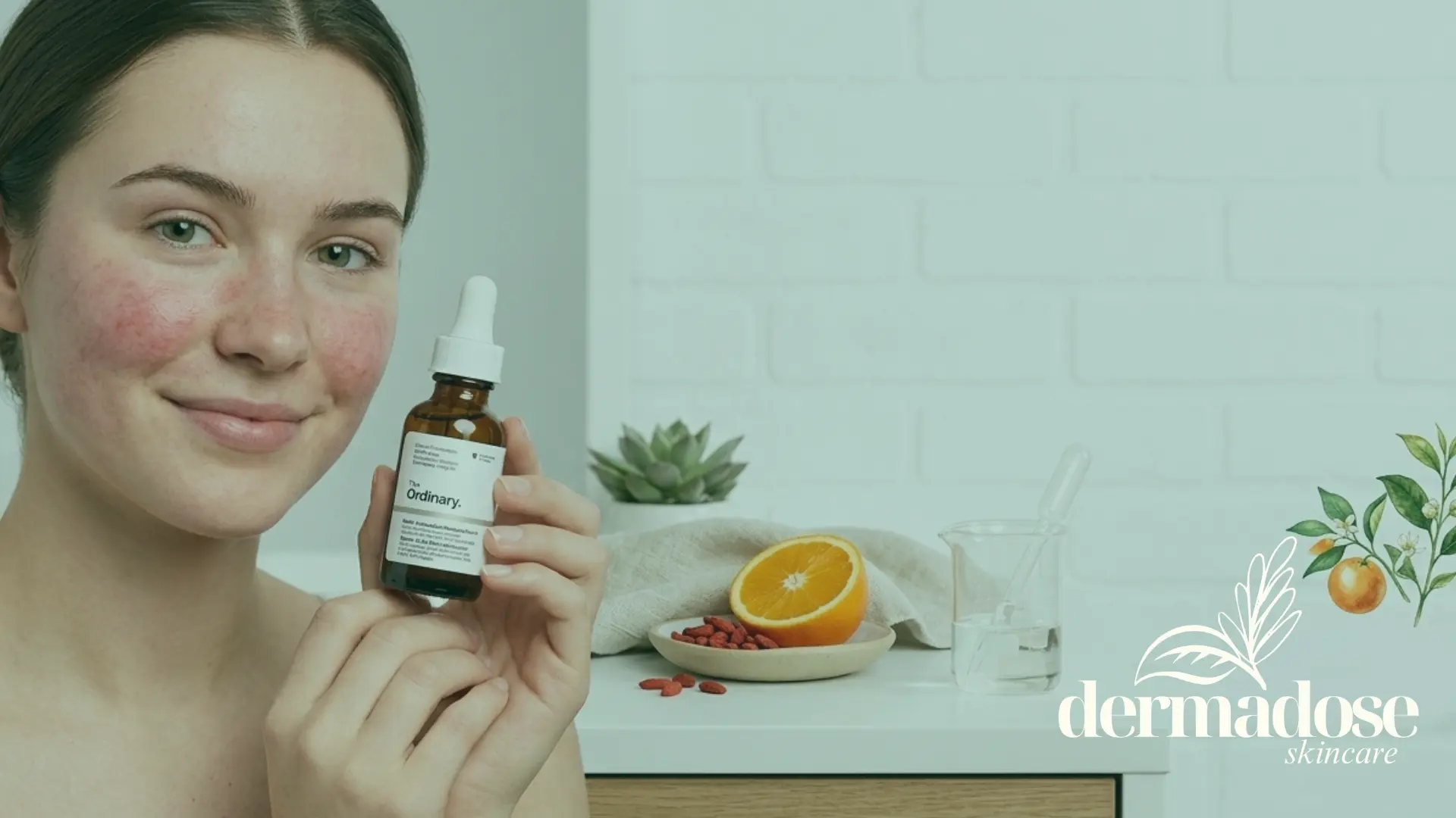 Mujer con enrojecimiento de rosácea sosteniendo un sérum The Ordinary junto a naranja cortada y bayas de goji, ilustrando el uso de vitamina C en piel con rosácea